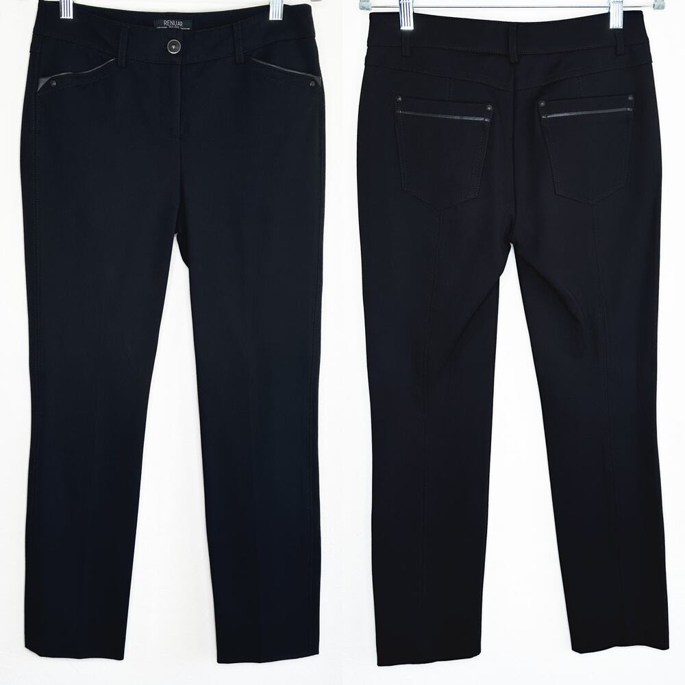 Renuar Black Ponte Jersey Leather Accent Detailed Slim Straight Trouser Pants 2P